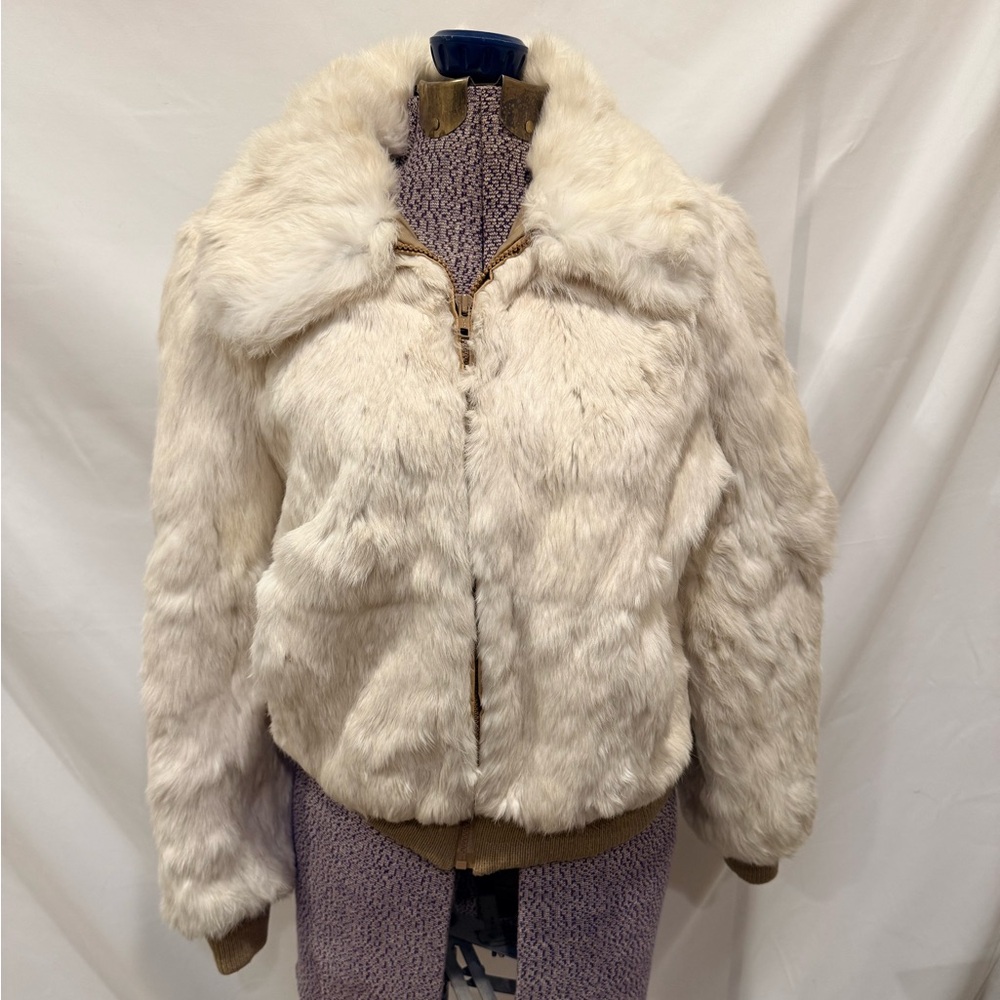 Vintage Rabbit Fur Bomber Jacket Cream White Made in Hong Kong